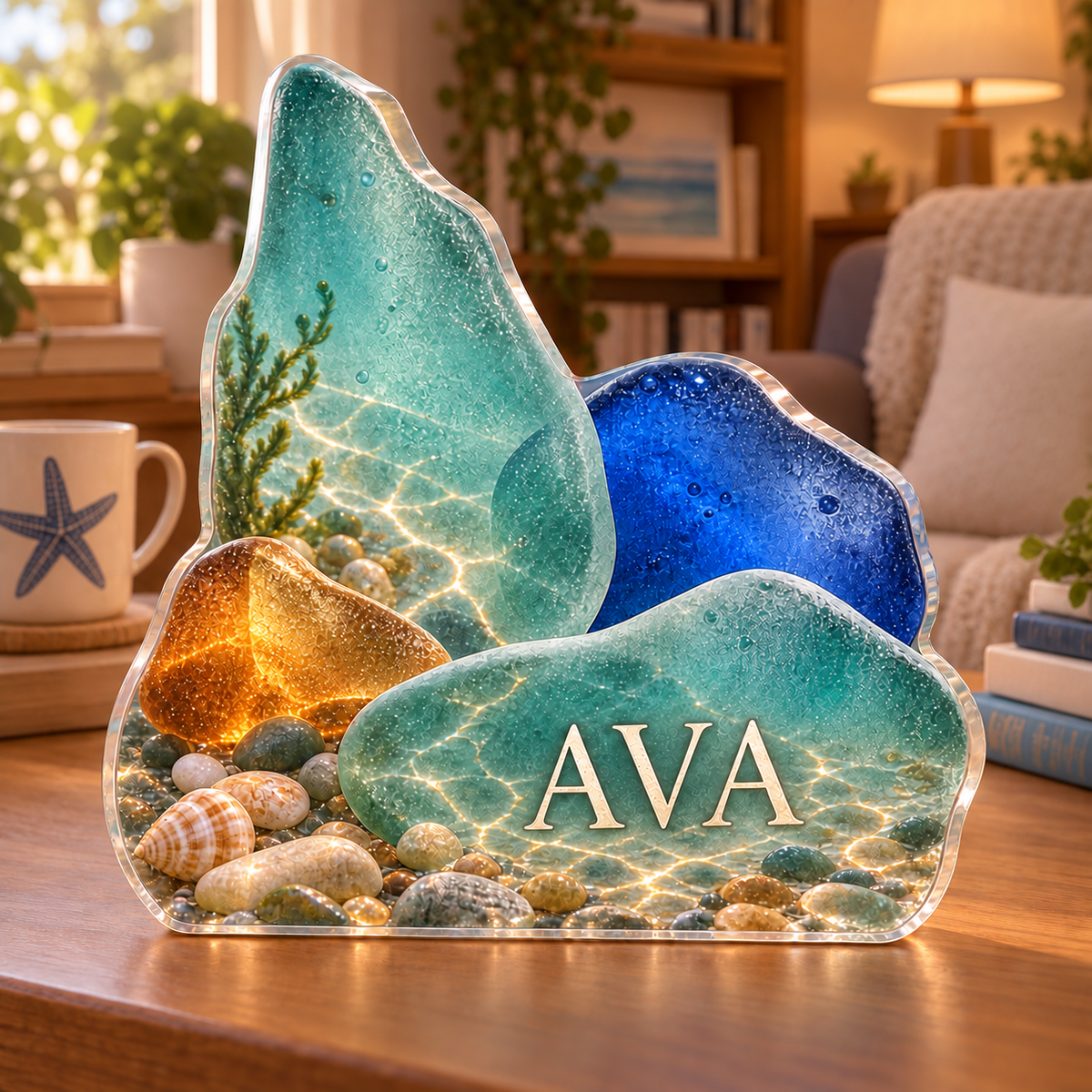 Artwork visualization: Sea glass shapes — reading nook decor, personalized AVA, subject-shaped acrylic with printed optical 3D depth; not carved relief.