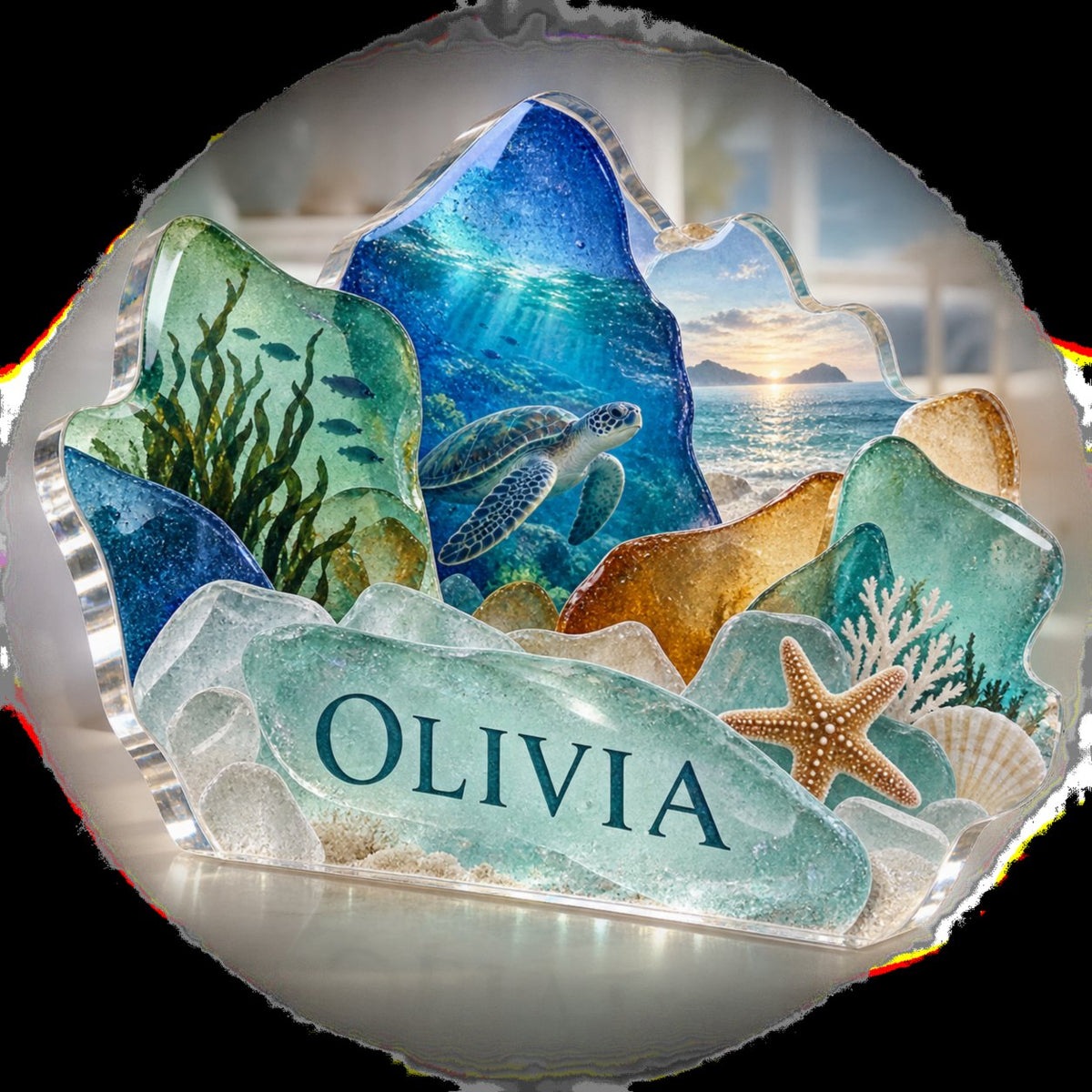 Personalized Sea Glass Shapes Bedroom Statement Decor custom shape acrylic plaque with an example name set into the artwork, digital preview