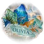 Artwork visualization: Sea glass shapes — bedroom statement decor, personalized OLIVIA, subject-shaped acrylic with printed optical 3D depth; not carved relief.