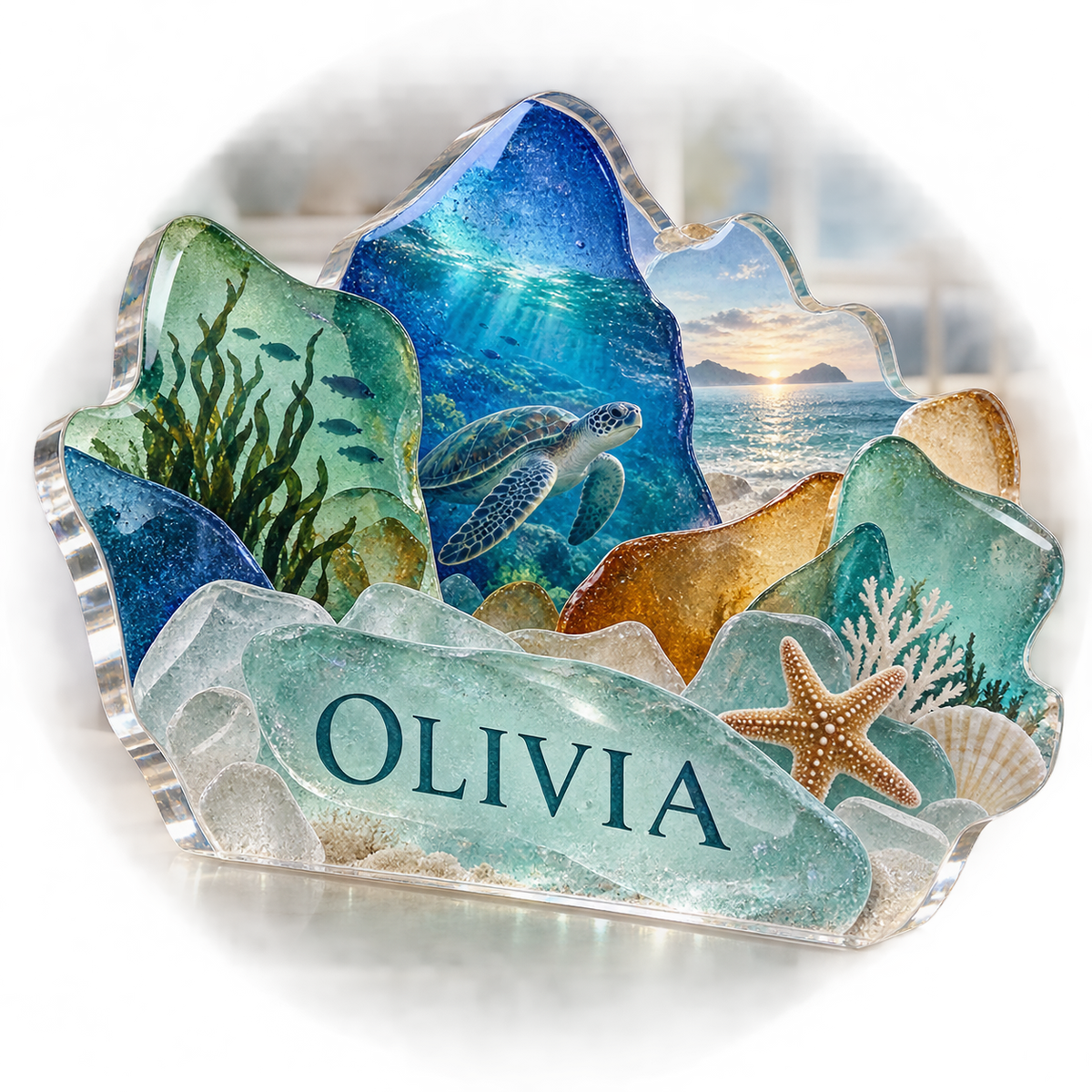 Artwork visualization: Sea glass shapes — bedroom statement decor, personalized OLIVIA, subject-shaped acrylic with printed optical 3D depth; not carved relief.