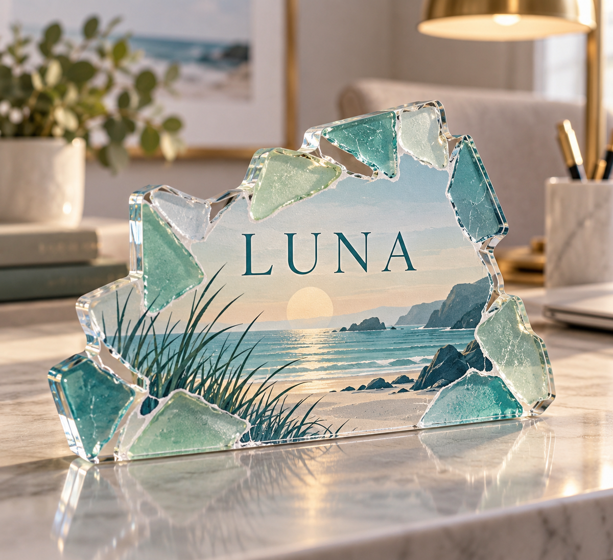 Artwork visualization: Sea glass shapes — home office backdrop, personalized LUNA, subject-shaped acrylic with printed optical 3D depth; not carved relief.