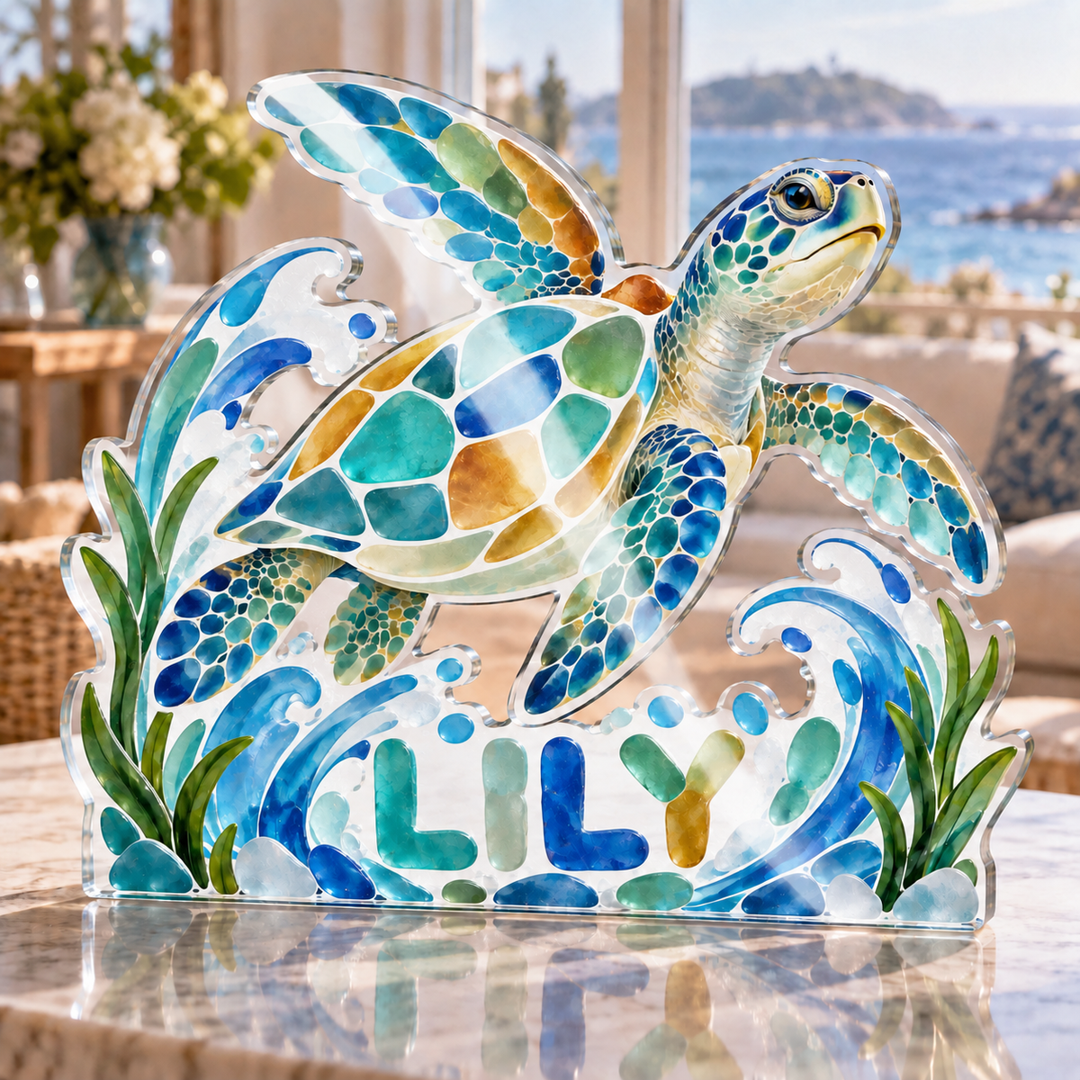 Artwork visualization: Sea glass shapes — personalized housewarming, personalized LILY, subject-shaped acrylic with printed optical 3D depth; not carved relief.