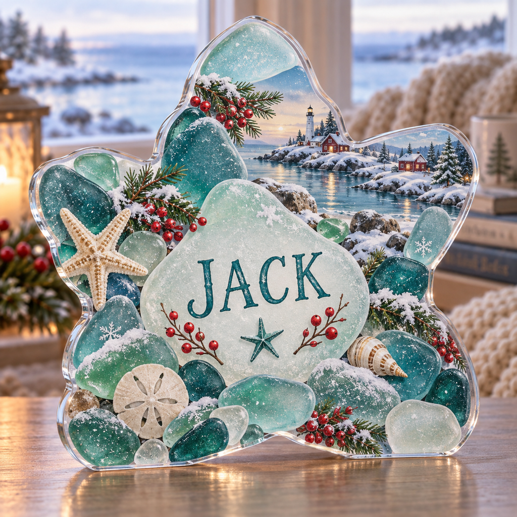 Artwork visualization: Sea glass shapes — quiet corner decoration, personalized JACK, subject-shaped acrylic with printed optical 3D depth; not carved relief.