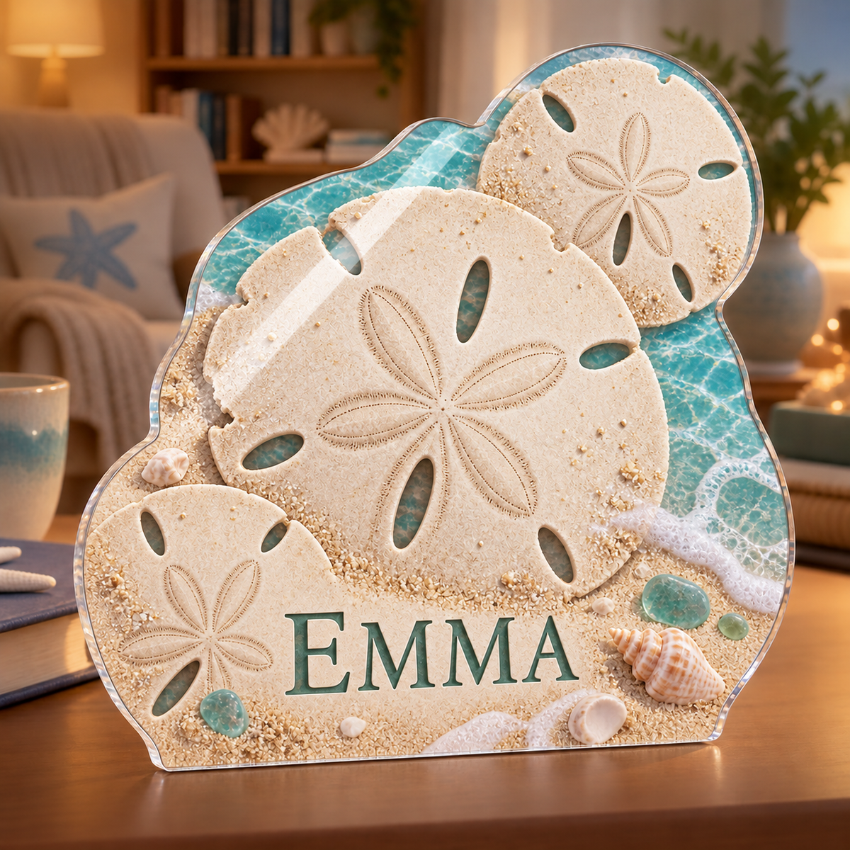 Artwork visualization: Sand dollar pattern — reading nook decor, personalized EMMA, subject-shaped acrylic with printed optical 3D depth; not carved relief.