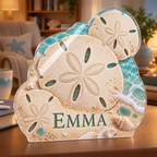 Artwork visualization: Sand dollar pattern — reading nook decor, personalized EMMA, subject-shaped acrylic with printed optical 3D depth; not carved relief.