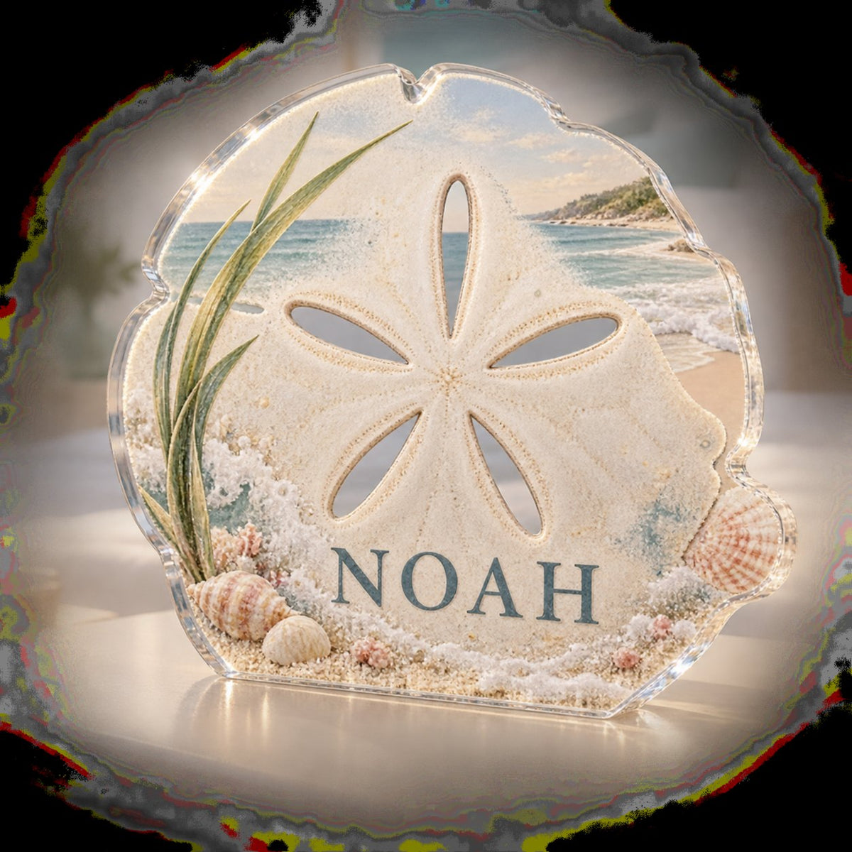 Personalized Sand Dollar Pattern Bedroom Statement Decor custom shape acrylic plaque with an example name set into the artwork, digital preview