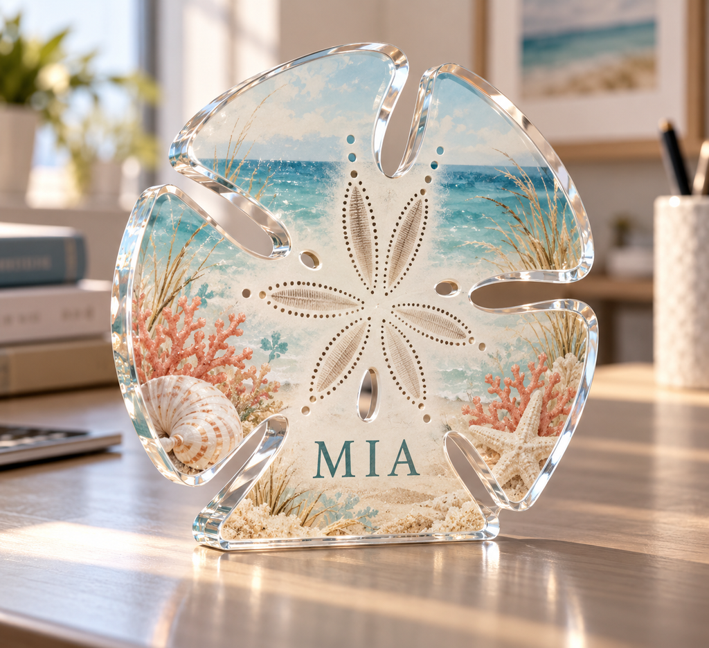 Artwork visualization: Sand dollar pattern — home office backdrop, personalized MIA, subject-shaped acrylic with printed optical 3D depth; not carved relief.