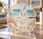 Artwork visualization: Sand dollar pattern — home office backdrop, personalized MIA, subject-shaped acrylic with printed optical 3D depth; not carved relief.