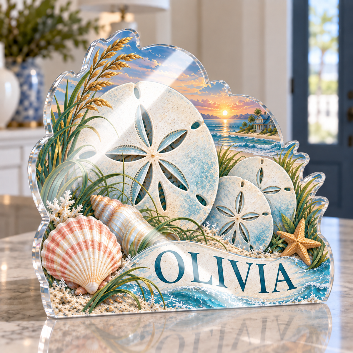 Artwork visualization: Sand dollar pattern — personalized housewarming, personalized OLIVIA, subject-shaped acrylic with printed optical 3D depth; not carved relief.