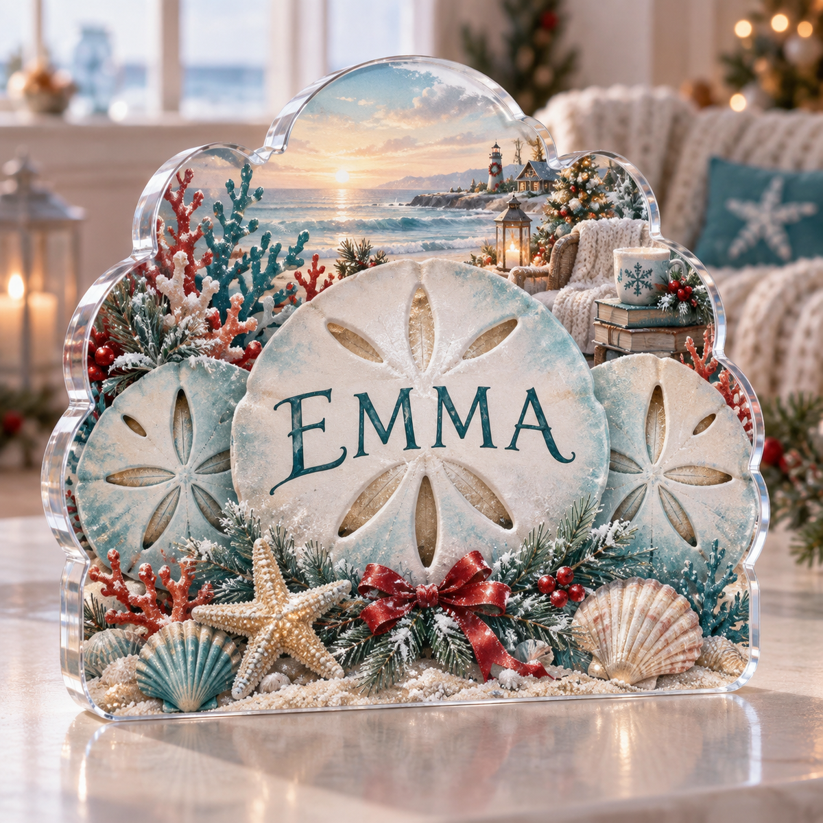 Artwork visualization: Sand dollar pattern — quiet corner decoration, personalized EMMA, subject-shaped acrylic with printed optical 3D depth; not carved relief.