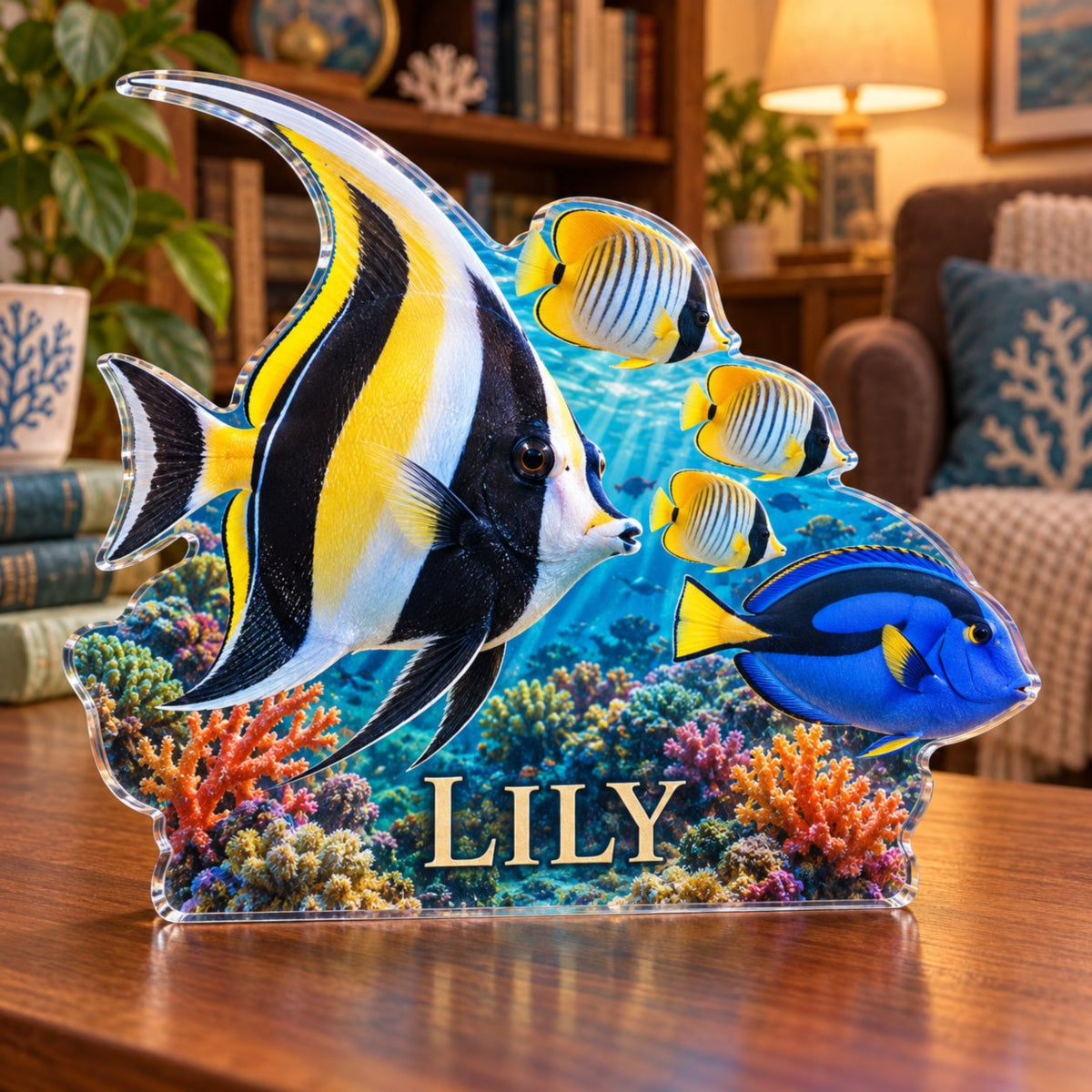 Personalized Reef Fish School Reading Nook Decor custom shape acrylic plaque with an example name set into the artwork, digital preview