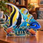 Artwork visualization: Reef fish school — reading nook decor, personalized LILY, subject-shaped acrylic with printed optical 3D depth; not carved relief.