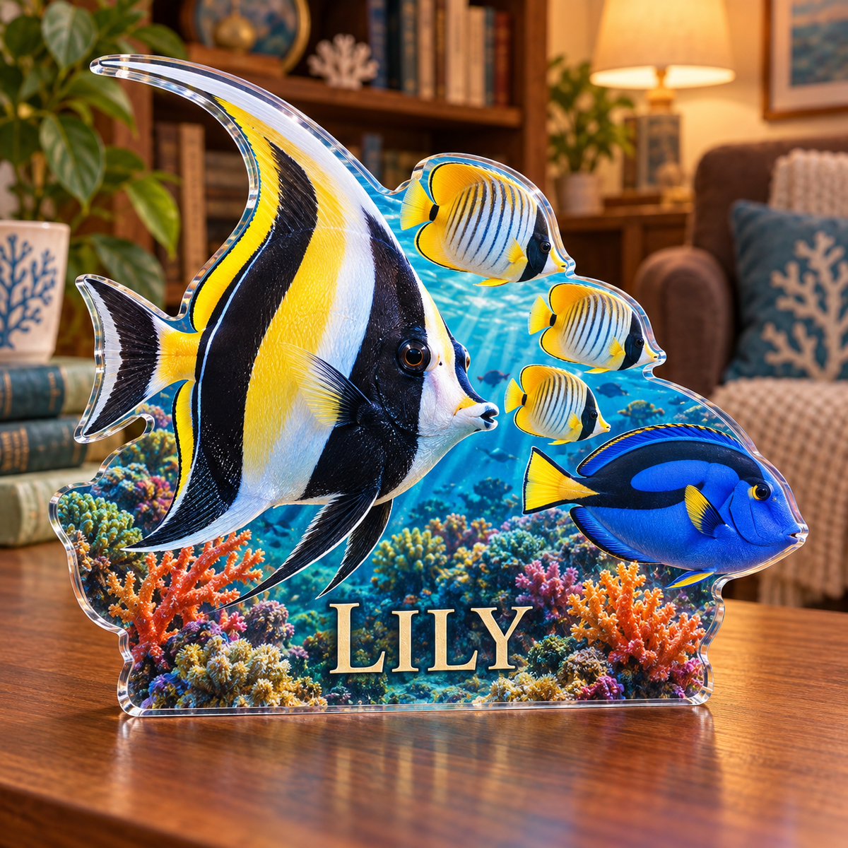 Artwork visualization: Reef fish school — reading nook decor, personalized LILY, subject-shaped acrylic with printed optical 3D depth; not carved relief.