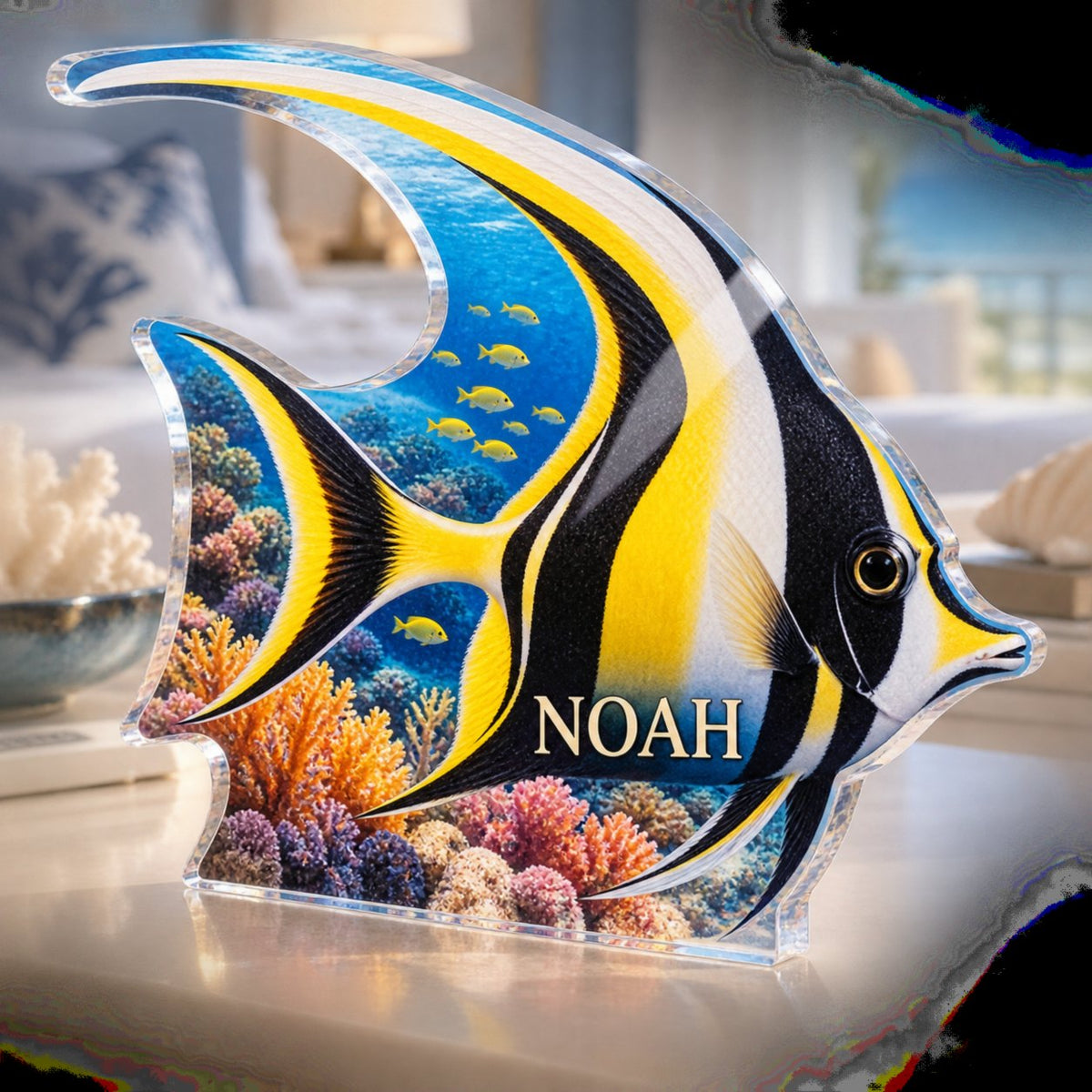 Personalized Reef Fish School Bedroom Statement Decor custom shape acrylic plaque with an example name set into the artwork, digital preview