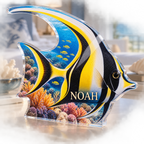 Artwork visualization: Reef fish school — bedroom statement decor, personalized NOAH, subject-shaped acrylic with printed optical 3D depth; not carved relief.
