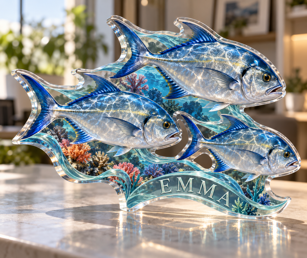 Artwork visualization: Reef fish school — home office backdrop, personalized EMMA, subject-shaped acrylic with printed optical 3D depth; not carved relief.