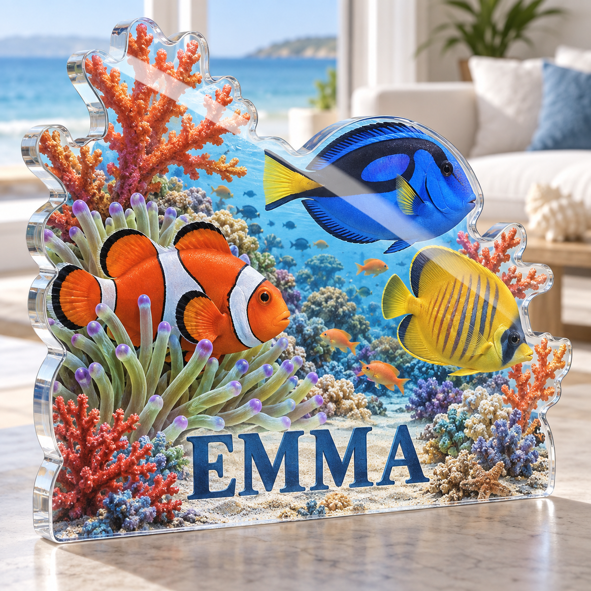 Artwork visualization: Reef fish school — personalized housewarming, personalized EMMA, subject-shaped acrylic with printed optical 3D depth; not carved relief.