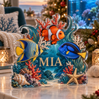 Artwork visualization: Reef fish school — quiet corner decoration, personalized MIA, subject-shaped acrylic with printed optical 3D depth; not carved relief.