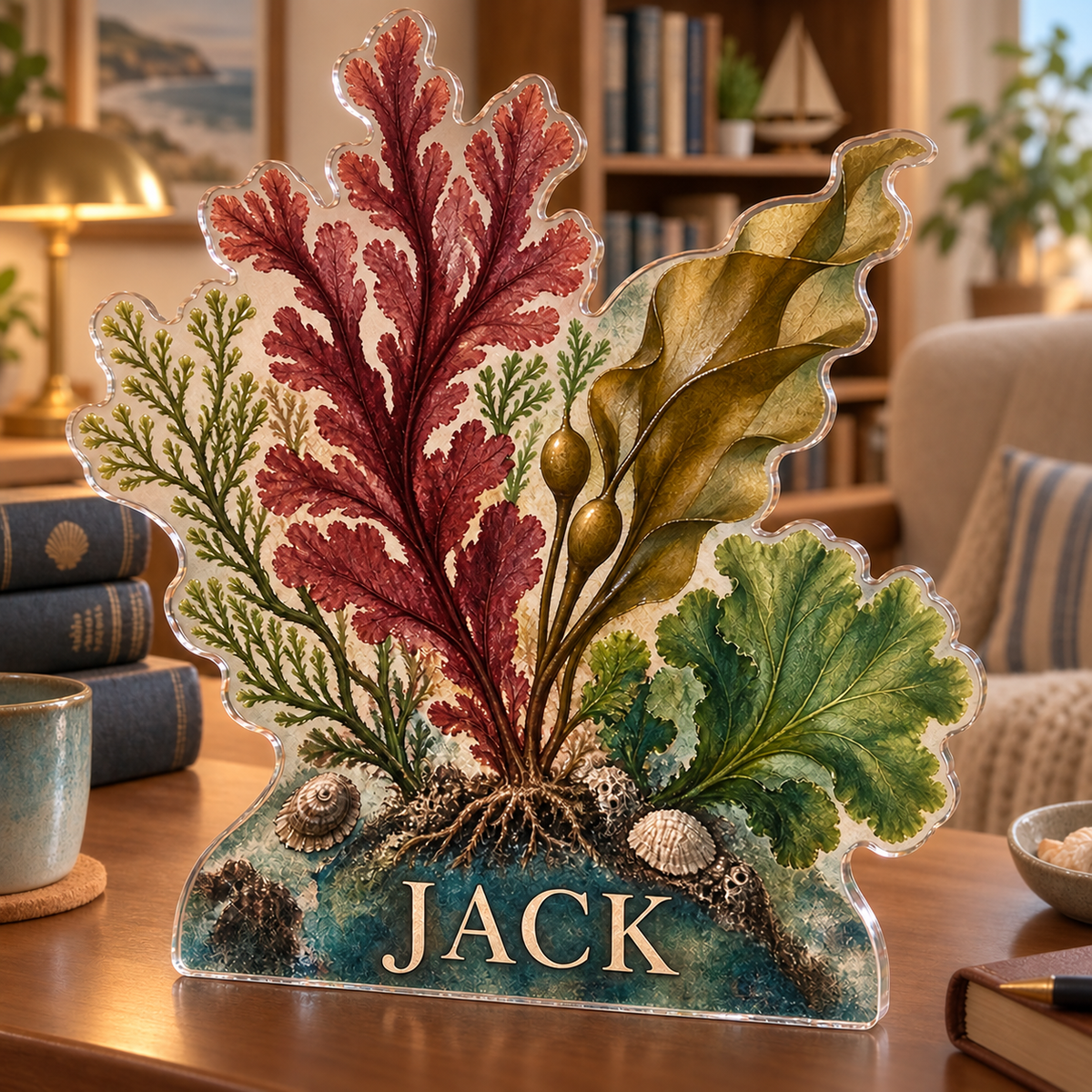 Artwork visualization: Seaweed herbarium — reading nook decor, personalized JACK, subject-shaped acrylic with printed optical 3D depth; not carved relief.
