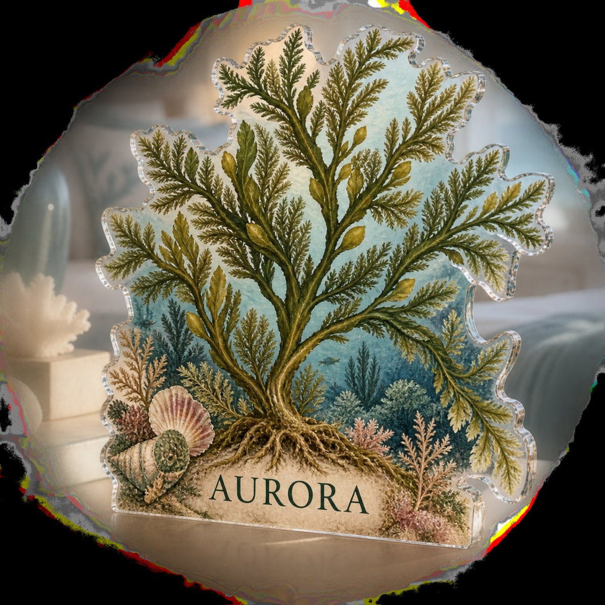 Personalized Seaweed Herbarium Bedroom Statement Decor custom shape acrylic plaque with an example name set into the artwork, digital preview