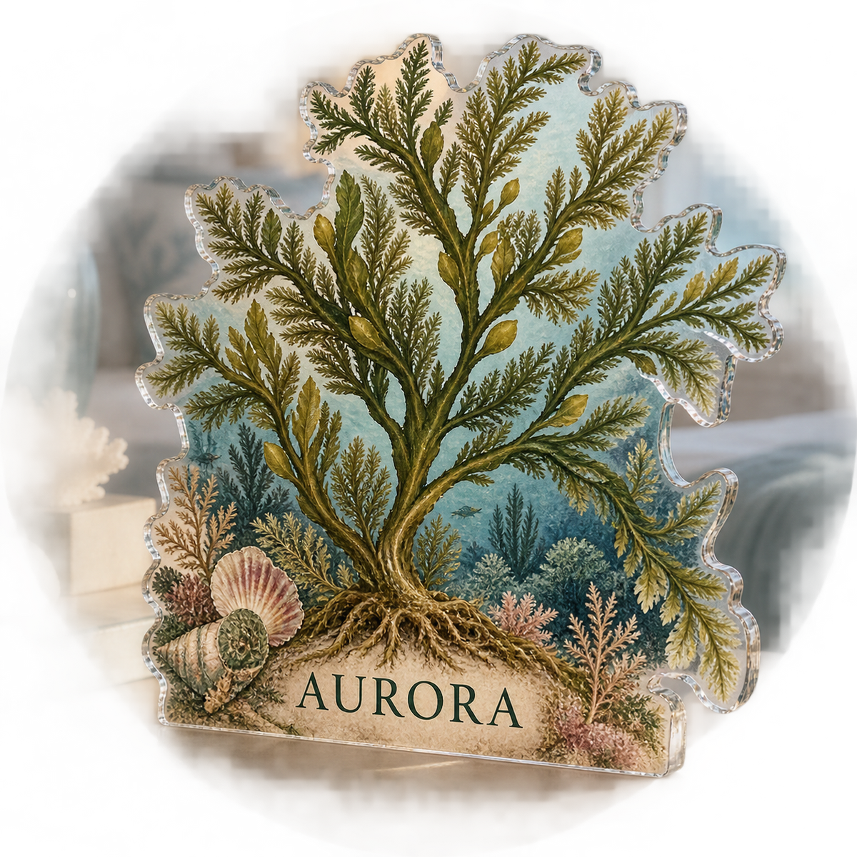 Artwork visualization: Seaweed herbarium — bedroom statement decor, personalized AURORA, subject-shaped acrylic with printed optical 3D depth; not carved relief.