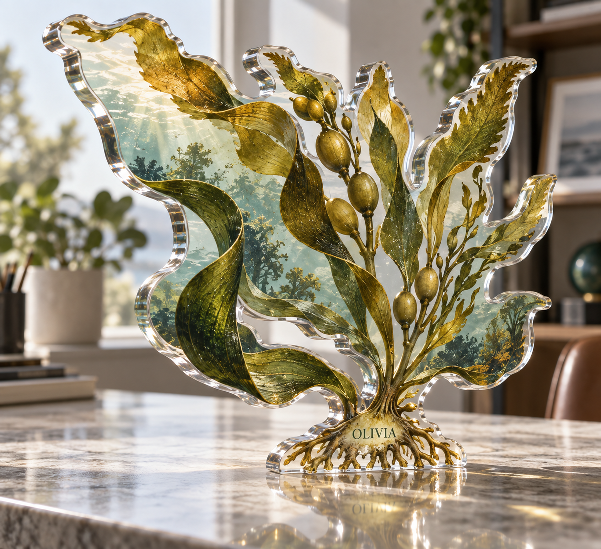 Artwork visualization: Seaweed herbarium — home office backdrop, personalized OLIVIA, subject-shaped acrylic with printed optical 3D depth; not carved relief.