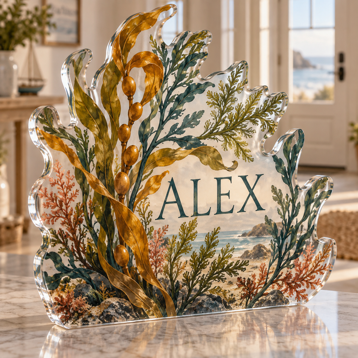 Artwork visualization: Seaweed herbarium — personalized housewarming, personalized ALEX, subject-shaped acrylic with printed optical 3D depth; not carved relief.
