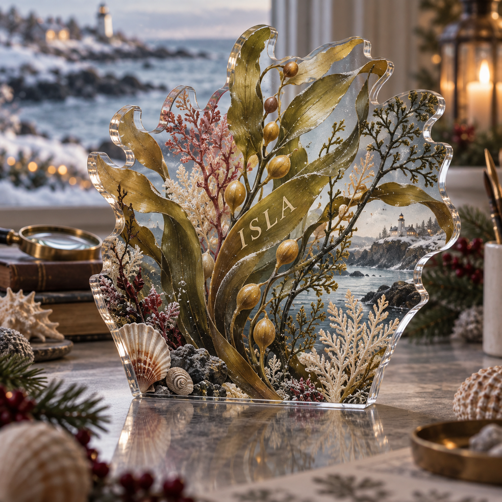 Artwork visualization: Seaweed herbarium — quiet corner decoration, personalized ISLA, subject-shaped acrylic with printed optical 3D depth; not carved relief.
