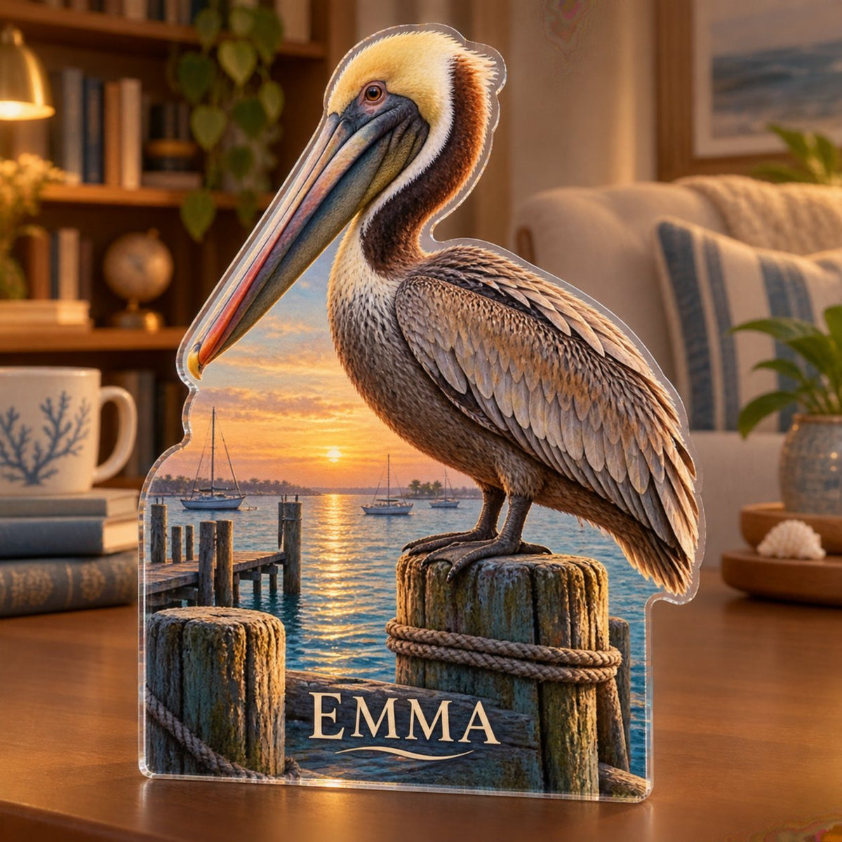 Personalized Pelican Dock Reading Nook Decor custom shape acrylic plaque with an example name set into the artwork, digital preview