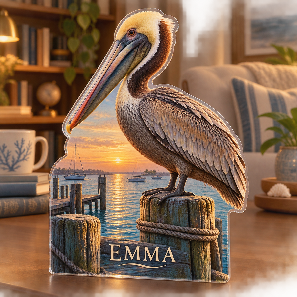 Artwork visualization: Pelican dock — reading nook decor, personalized EMMA, subject-shaped acrylic with printed optical 3D depth; not carved relief.