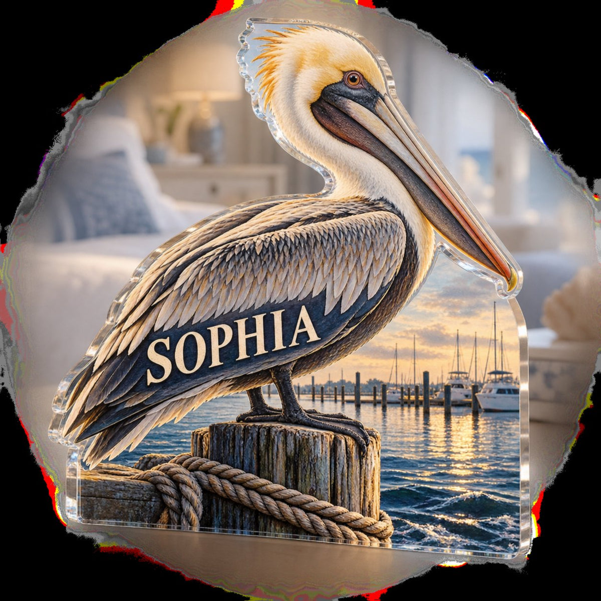 Personalized Pelican Dock Bedroom Statement Decor custom shape acrylic plaque with an example name set into the artwork, digital preview