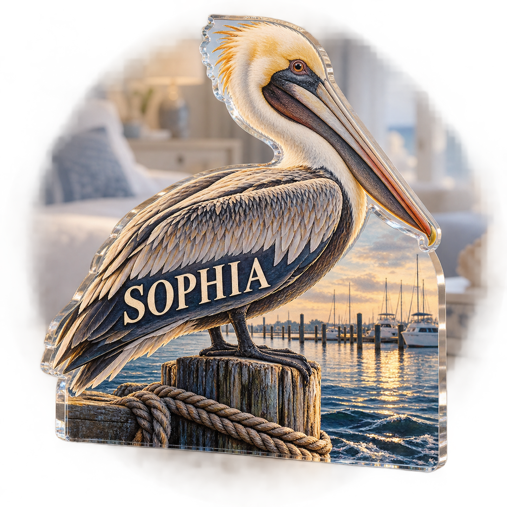 Artwork visualization: Pelican dock — bedroom statement decor, personalized SOPHIA, subject-shaped acrylic with printed optical 3D depth; not carved relief.
