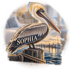 Artwork visualization: Pelican dock — bedroom statement decor, personalized SOPHIA, subject-shaped acrylic with printed optical 3D depth; not carved relief.