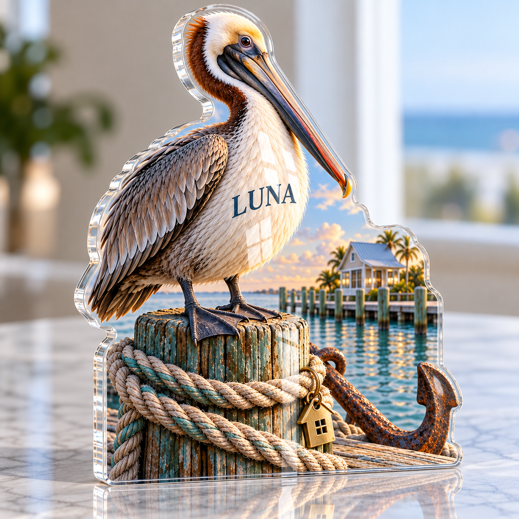 Artwork visualization: Pelican dock — personalized housewarming, personalized LUNA, subject-shaped acrylic with printed optical 3D depth; not carved relief.