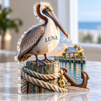 Artwork visualization: Pelican dock — personalized housewarming, personalized LUNA, subject-shaped acrylic with printed optical 3D depth; not carved relief.