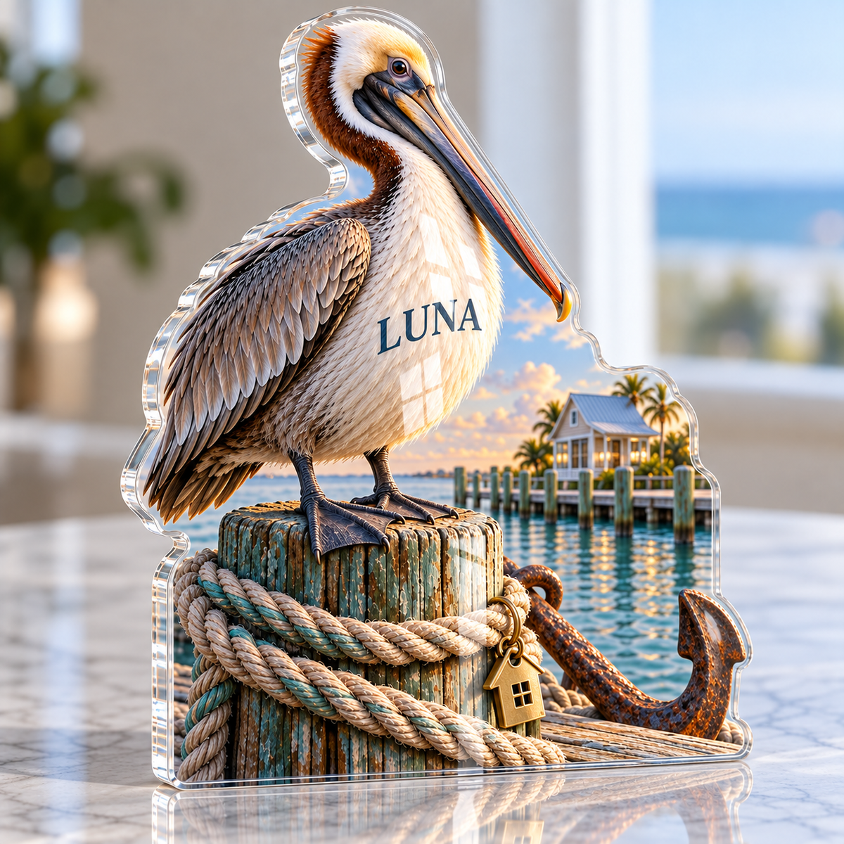 Artwork visualization: Pelican dock — personalized housewarming, personalized LUNA, subject-shaped acrylic with printed optical 3D depth; not carved relief.