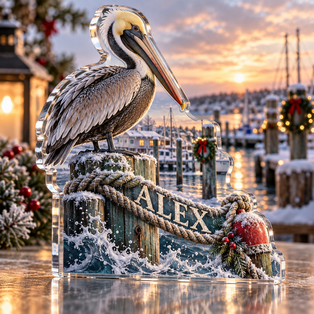 Artwork visualization: Pelican dock — quiet corner decoration, personalized ALEX, subject-shaped acrylic with printed optical 3D depth; not carved relief.