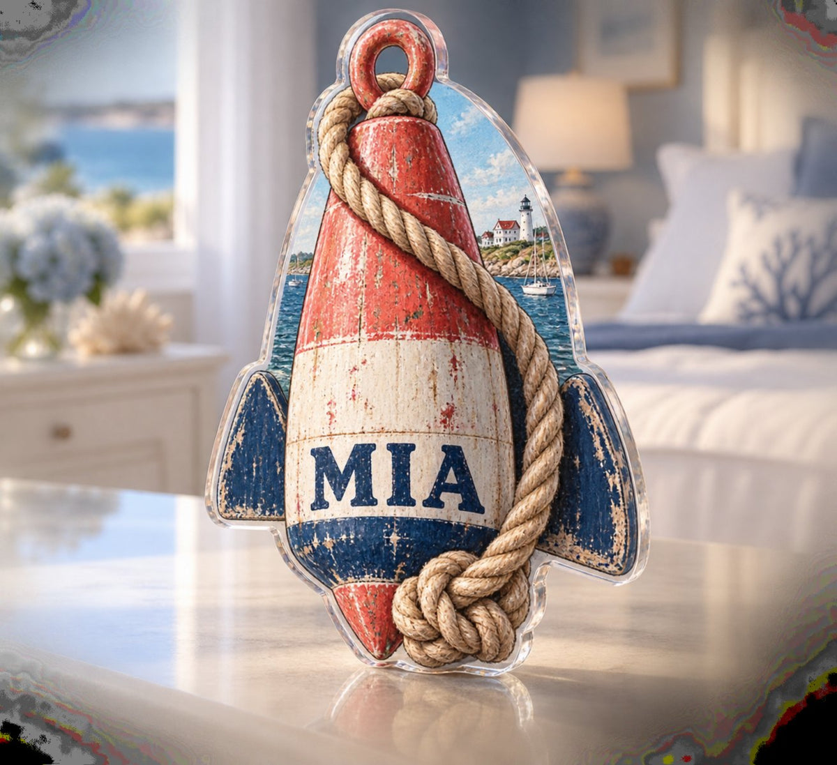 Personalized Buoy And Rope Bedroom Statement Decor custom shape acrylic plaque with an example name set into the artwork, digital preview