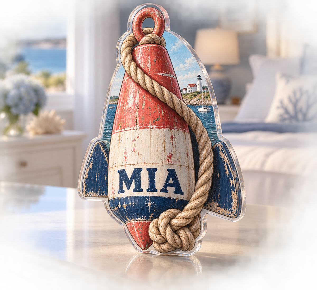 Artwork visualization: Buoy and rope — bedroom statement decor, personalized MIA, subject-shaped acrylic with printed optical 3D depth; not carved relief.