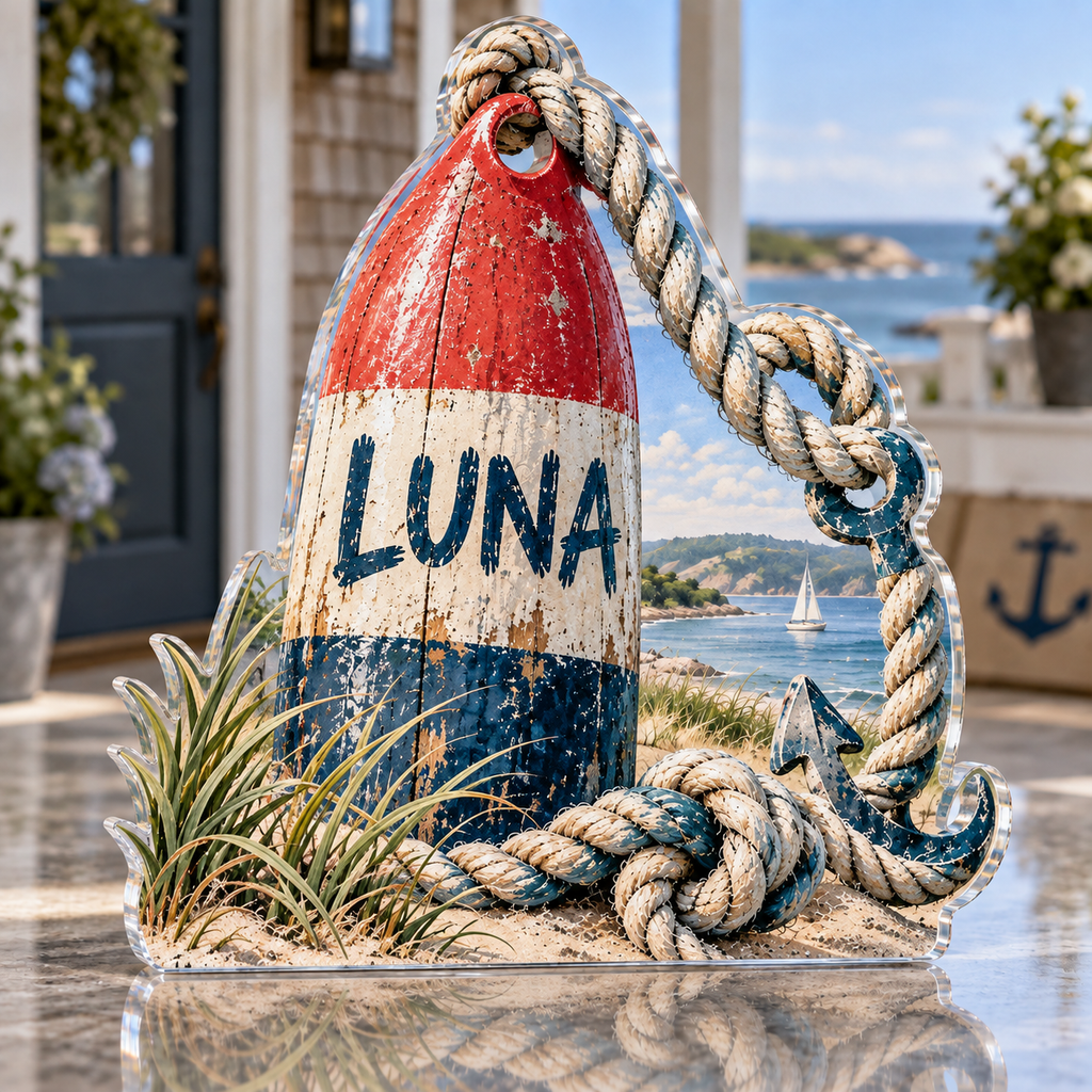 Artwork visualization: Buoy and rope — personalized housewarming, personalized LUNA, subject-shaped acrylic with printed optical 3D depth; not carved relief.