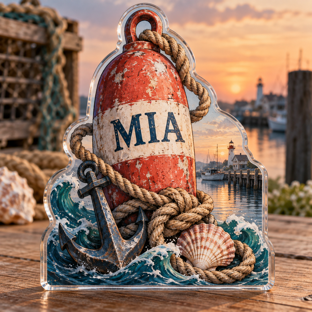Artwork visualization: Buoy and rope — collector birthday keepsake, personalized MIA, subject-shaped acrylic with printed optical 3D depth; not carved relief.