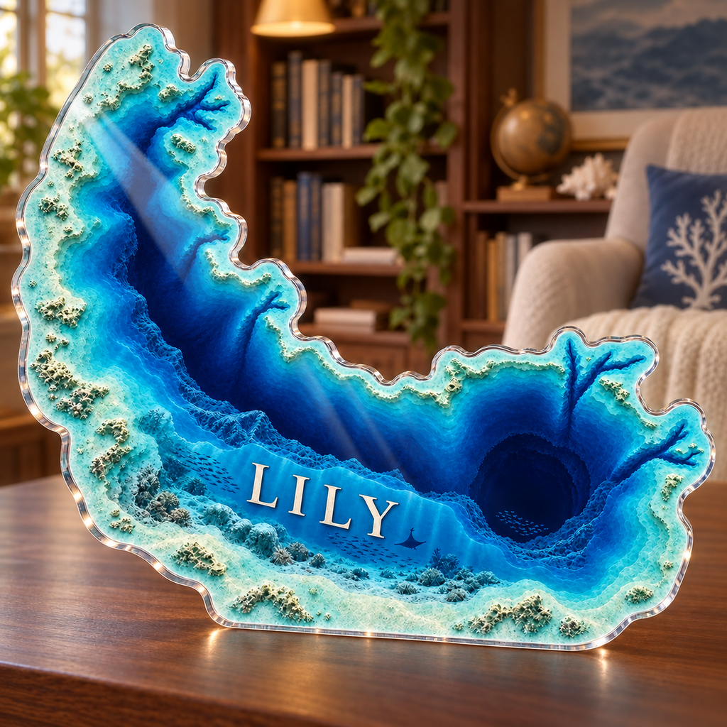 Artwork visualization: Ocean depth contours — reading nook decor, personalized LILY, subject-shaped acrylic with printed optical 3D depth; not carved relief.