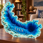 Artwork visualization: Ocean depth contours — reading nook decor, personalized LILY, subject-shaped acrylic with printed optical 3D depth; not carved relief.