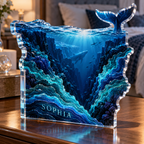 Artwork visualization: Ocean depth contours — bedroom statement decor, personalized SOPHIA, subject-shaped acrylic with printed optical 3D depth; not carved relief.