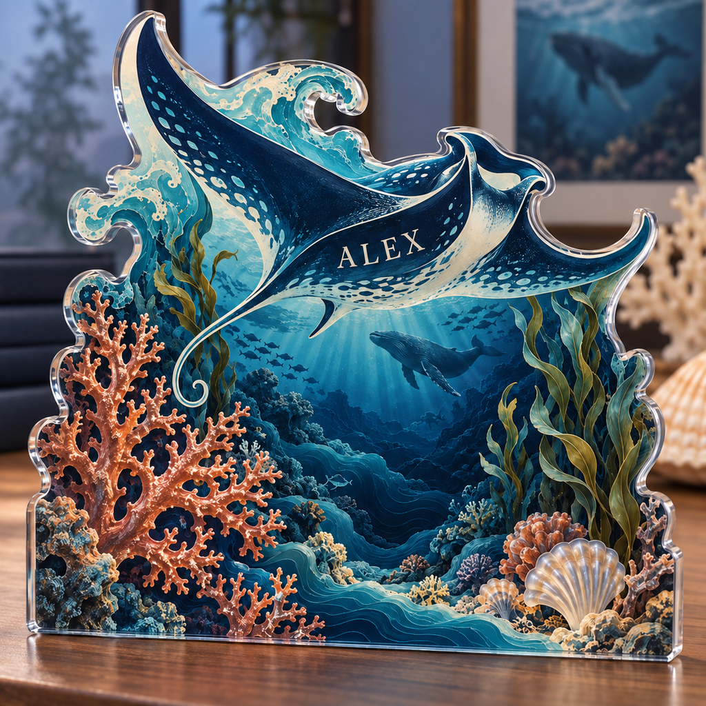 Artwork visualization: Ocean depth contours — collector birthday keepsake, personalized ALEX, subject-shaped acrylic with printed optical 3D depth; not carved relief.