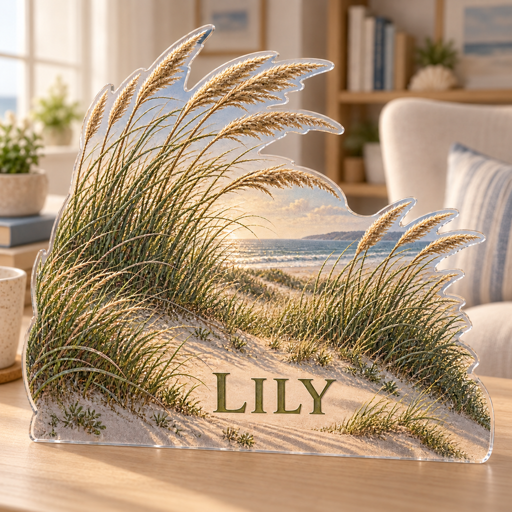 Artwork visualization: Coastal dune grass — reading nook decor, personalized LILY, subject-shaped acrylic with printed optical 3D depth; not carved relief.