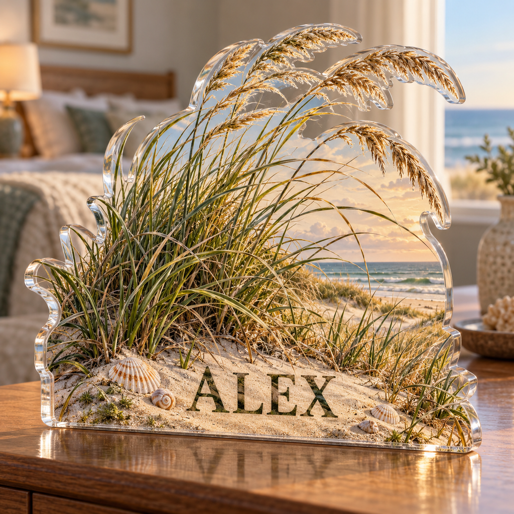Artwork visualization: Coastal dune grass — bedroom statement decor, personalized ALEX, subject-shaped acrylic with printed optical 3D depth; not carved relief.