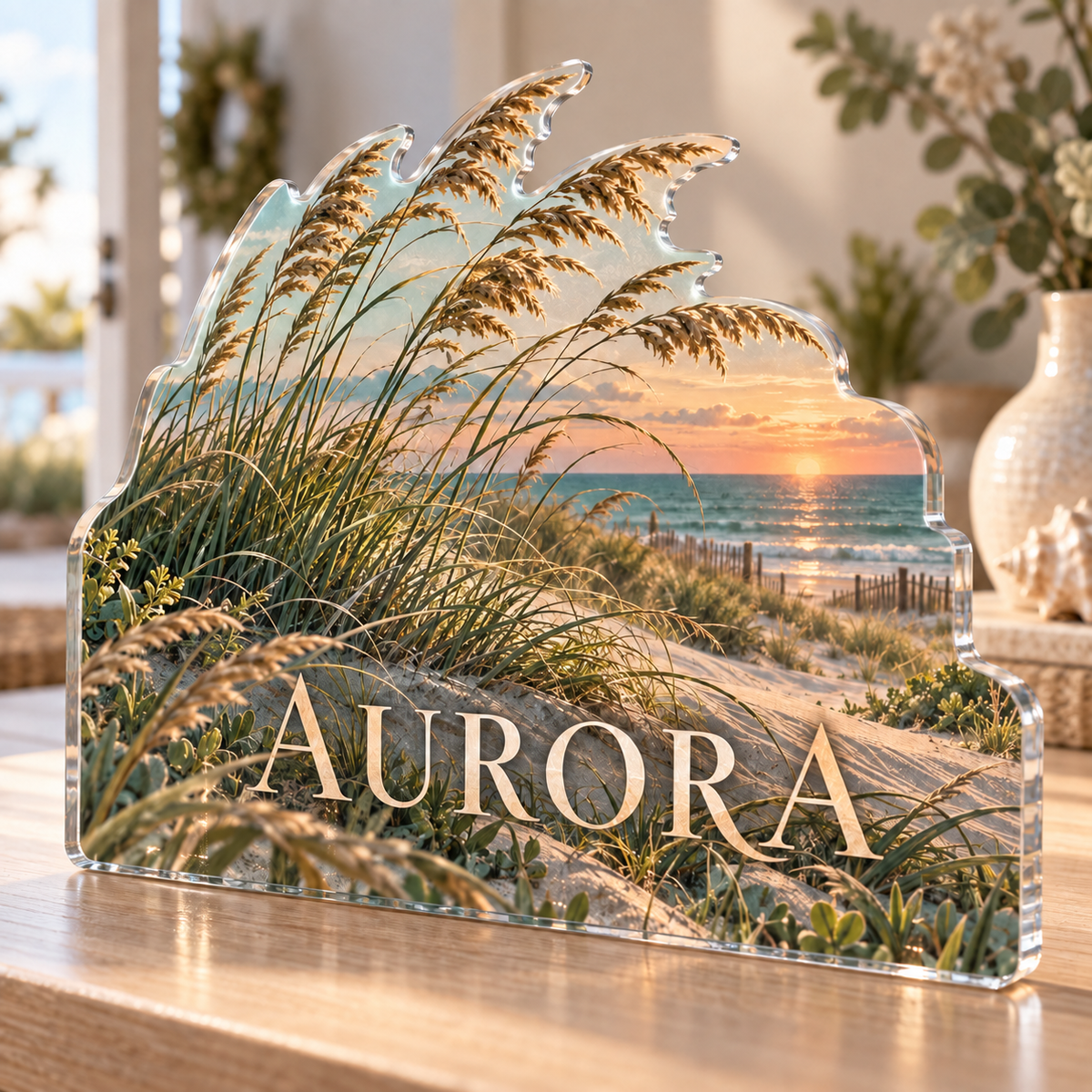 Artwork visualization: Coastal dune grass — personalized housewarming, personalized AURORA, subject-shaped acrylic with printed optical 3D depth; not carved relief.