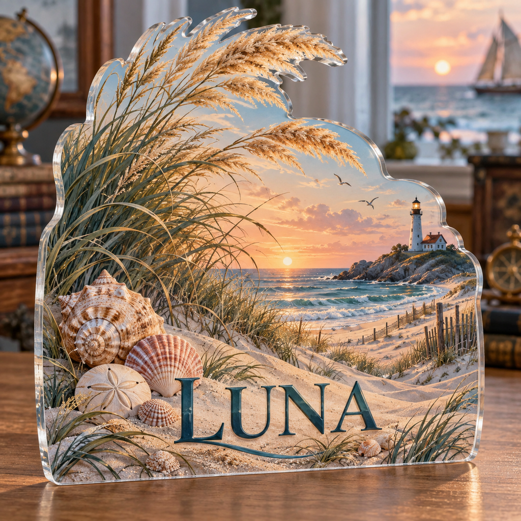 Artwork visualization: Coastal dune grass — collector birthday keepsake, personalized LUNA, subject-shaped acrylic with printed optical 3D depth; not carved relief.