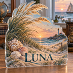 Artwork visualization: Coastal dune grass — collector birthday keepsake, personalized LUNA, subject-shaped acrylic with printed optical 3D depth; not carved relief.